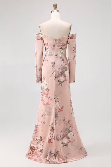 Blush Floral Off The Shoulder Sheath Long Wedding Guest Dress with Slit